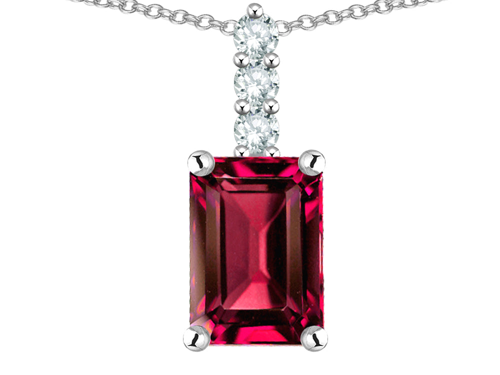 Star K  8x6mm Octagon Emerald Cut Created Ruby Three Stone Pendant Necklace
