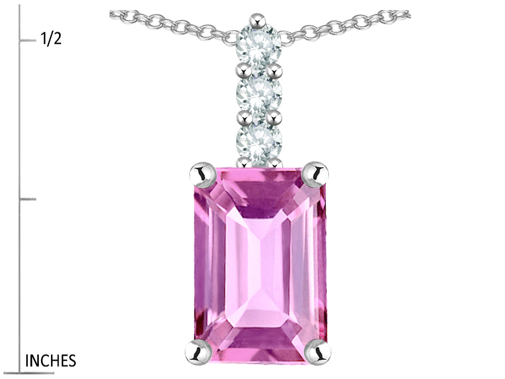 Star K  8x6mm Octagon Emerald Cut Created Pink Sapphire Three Stone Pendant Necklace
