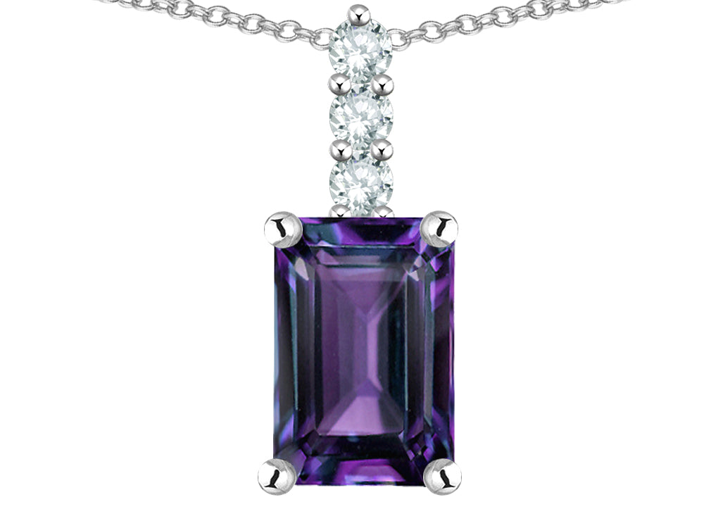 Star K  8x6mm Octagon Emerald Cut Simulated Alexandrite Three Stone Pendant Necklace