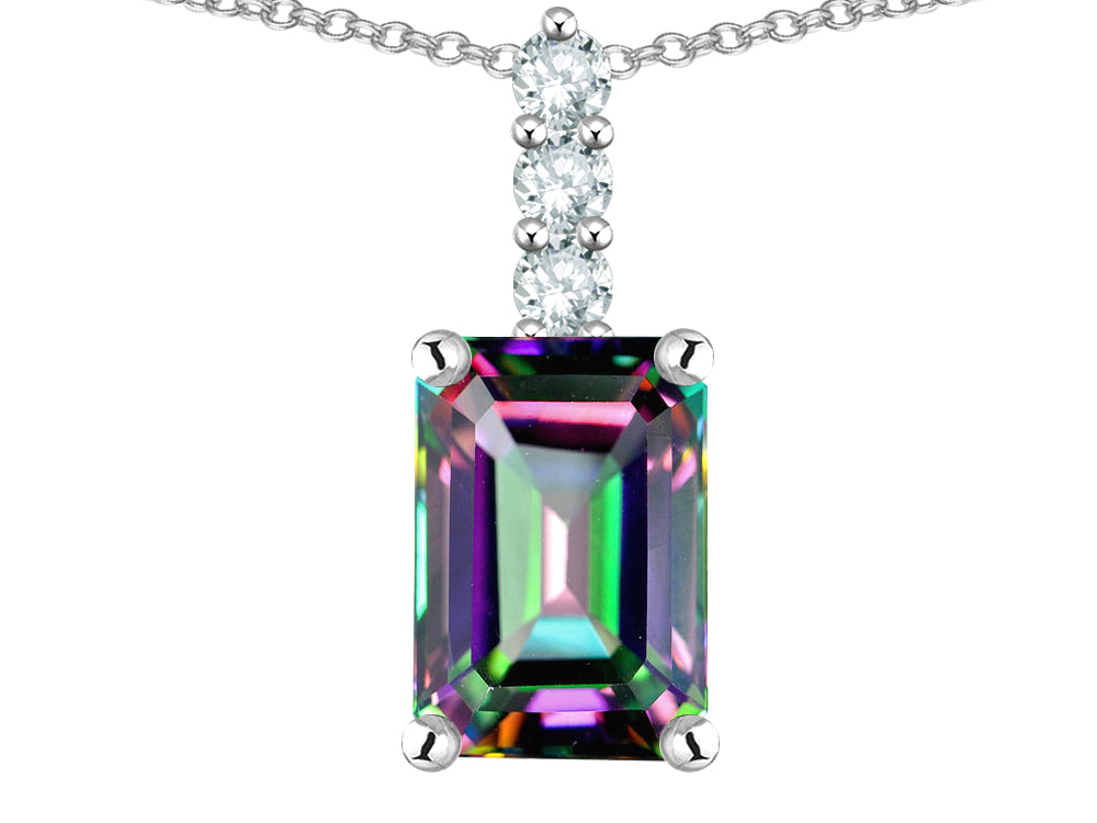 Star K  8x6mm Octagon Emerald Cut Rainbow Mystic Topaz Three Stone Pendant Necklace