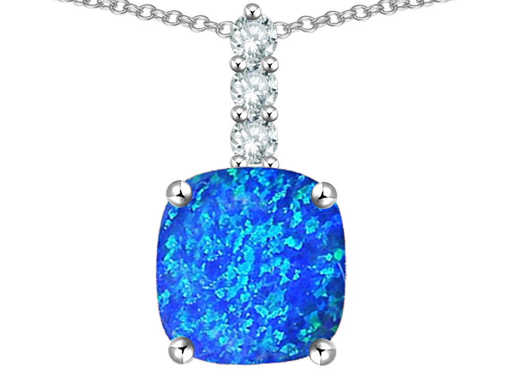 Star K  7mm Cushion-Cut Blue Created Opal Three Stone Pendant Necklace