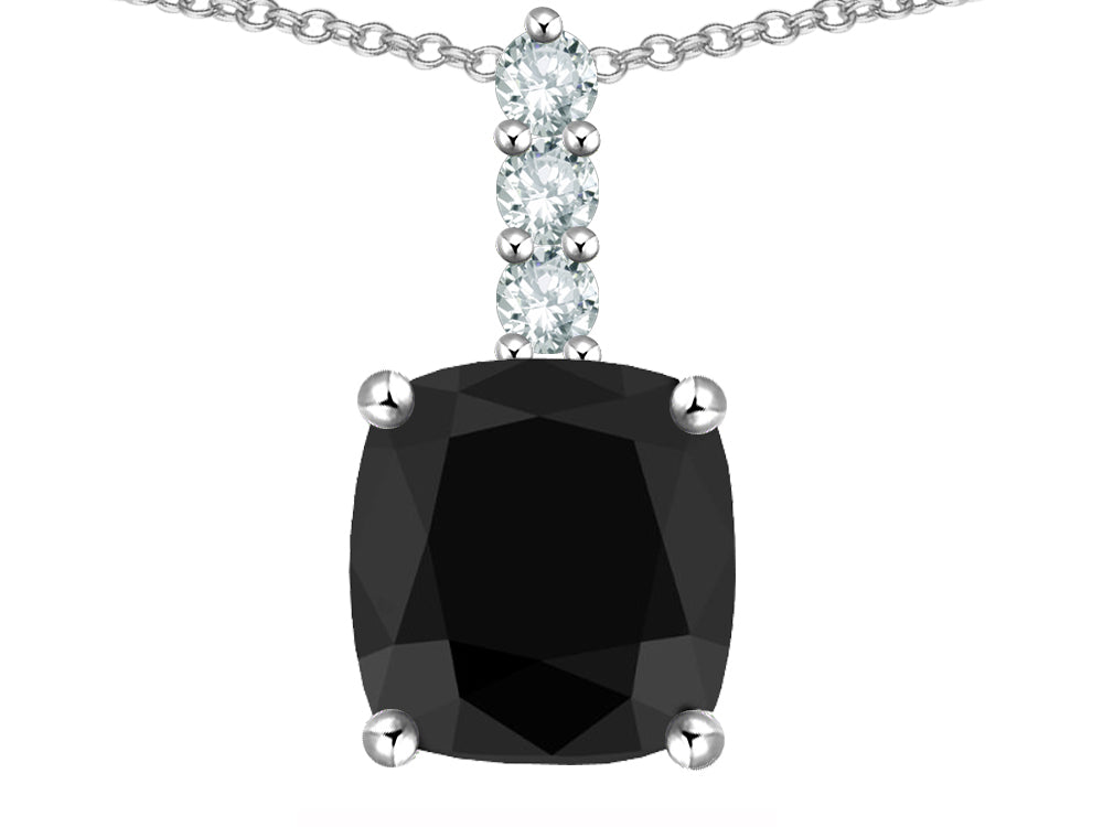 Star K  7mm Cushion-Cut Genuine Black Sapphire Three Stone Pendant Necklace