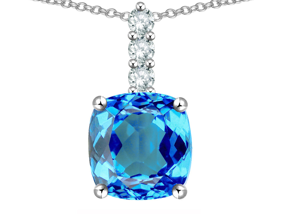 Star K  7mm Cushion-Cut Genuine Blue Topaz Three Stone Pendant Necklace