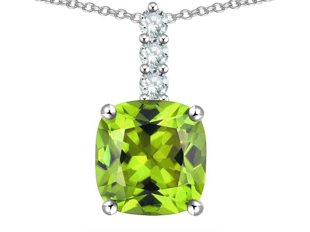 Star K  7mm Cushion-Cut Genuine Peridot Three Stone Pendant Necklace