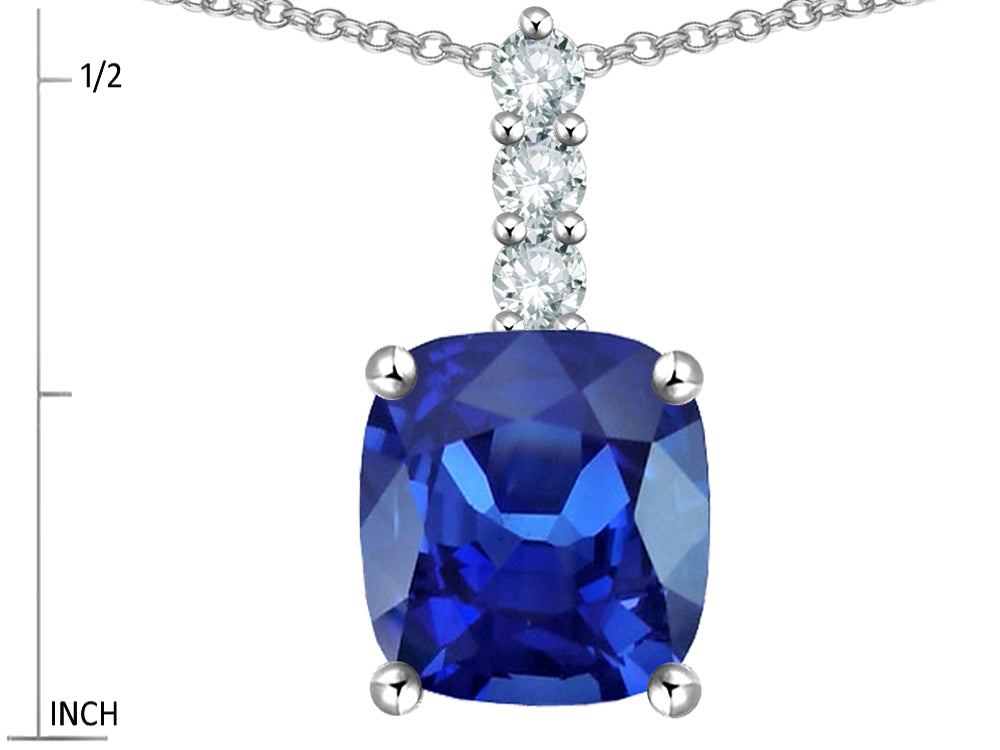 Star K  7mm Cushion-Cut Created Sapphire Three Stone Pendant Necklace