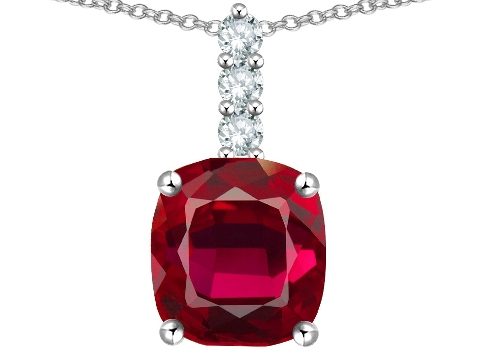 Star K  7mm Cushion-Cut Created Ruby Three Stone Pendant Necklace