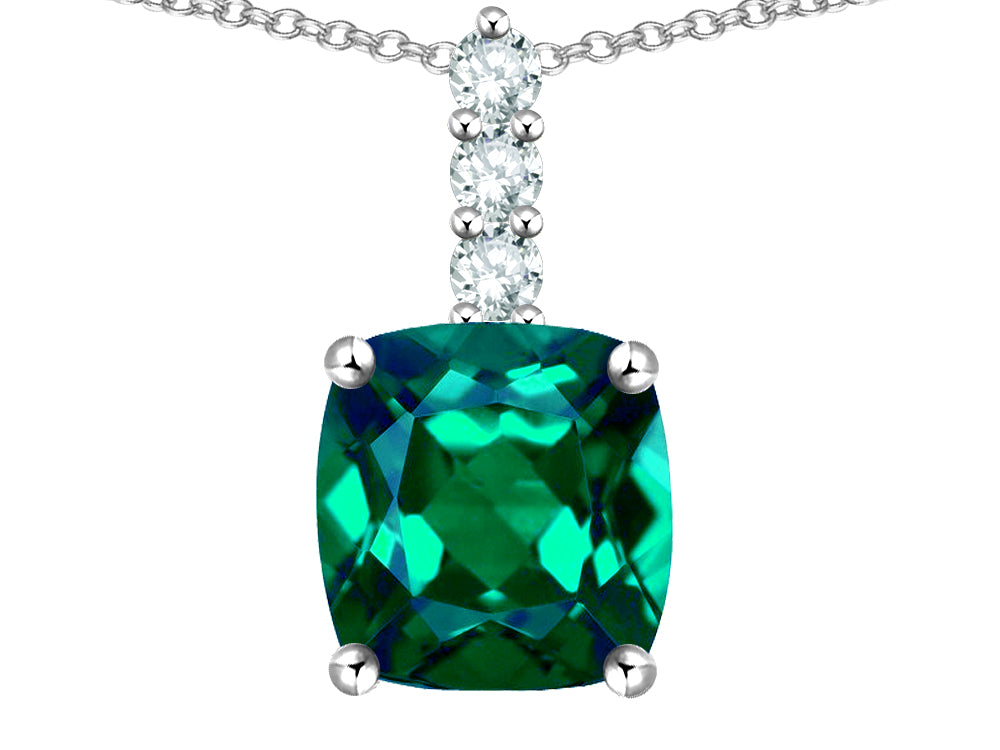 Star K  7mm Cushion-Cut Simulated Emerald Three Stone Pendant Necklace
