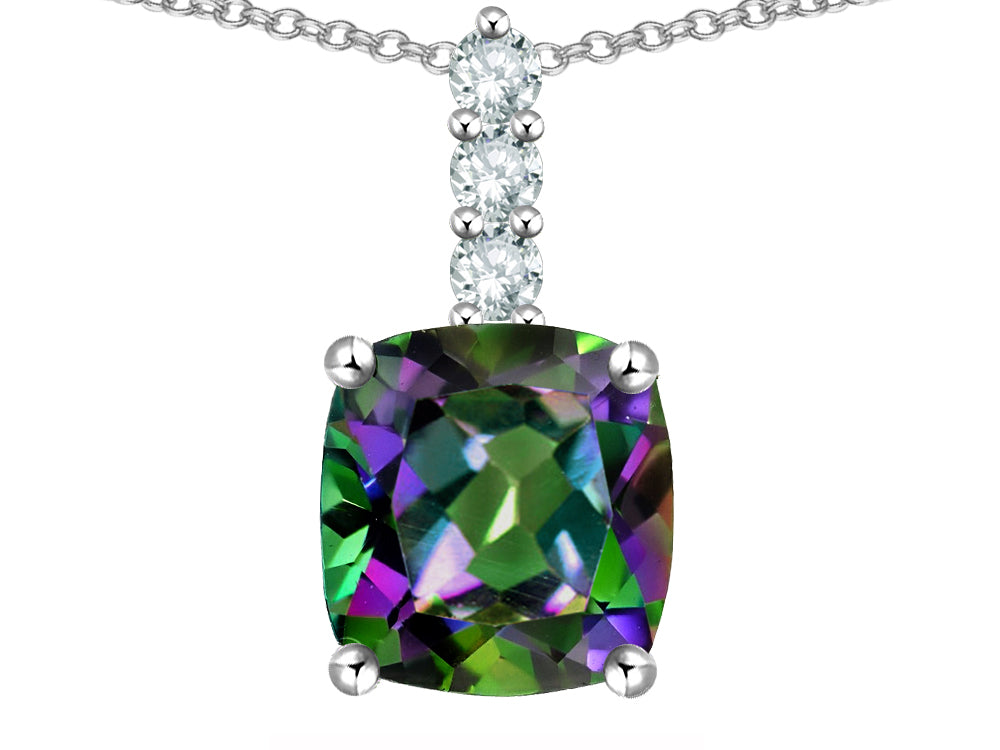 Star K  7mm Cushion-Cut Rainbow Mystic Topaz Three Stone Pendant Necklace