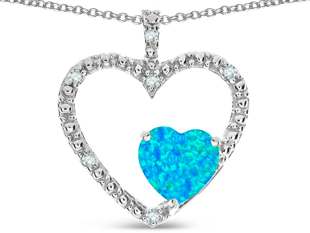 Star K  Open Heart Pendant Necklace with 6mm Heart Shaped Blue Created Opal Stone