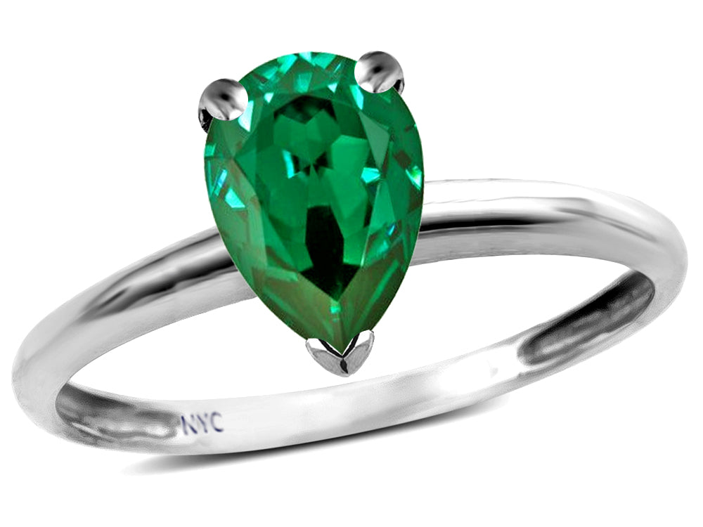 Star K  Classic V prong Solitaire 8x6 Pear Shape Simulated Emerald Engagement Promise Ring