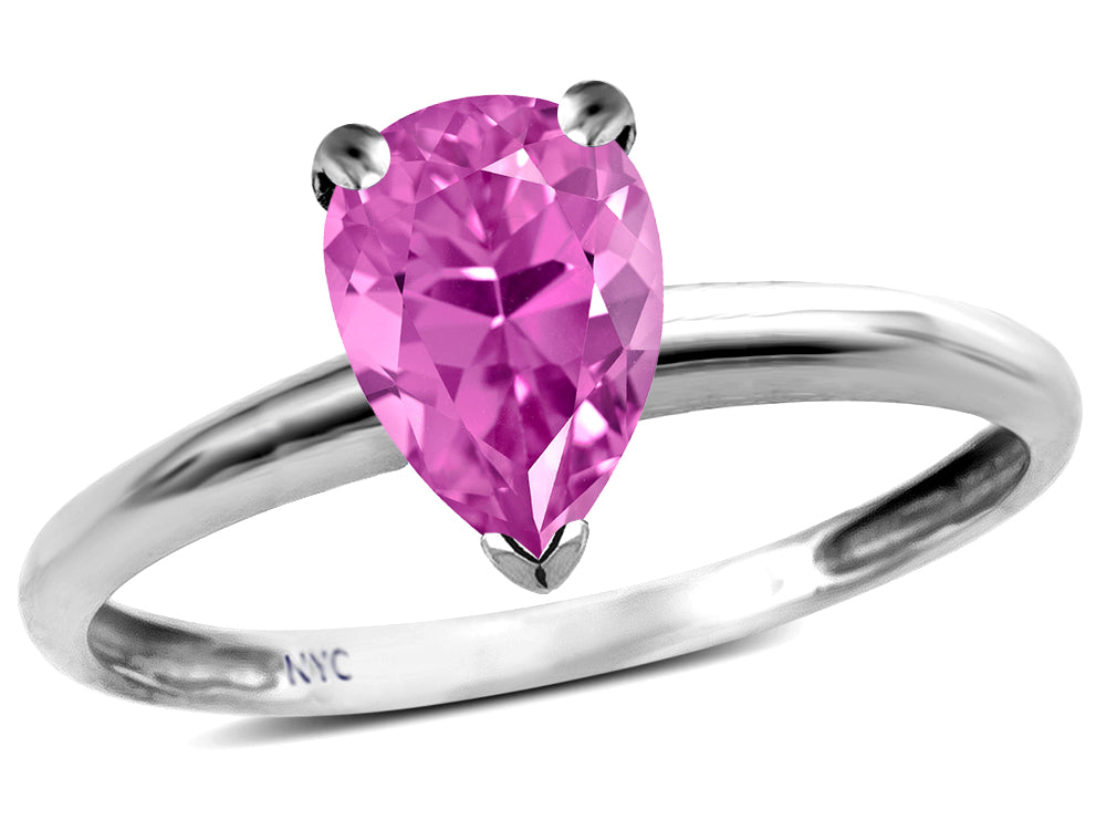 Star K  Classic V prong Solitaire 8x6 Pear Shape Created Pink Sapphire Engagement Promise Ring
