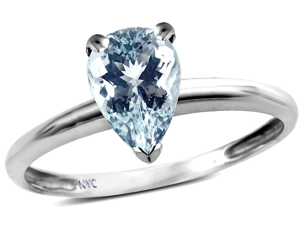 Star K  Classic V prong Solitaire 8x6 Pear Shape Genuine Aquamarine Engagement Promise Ring