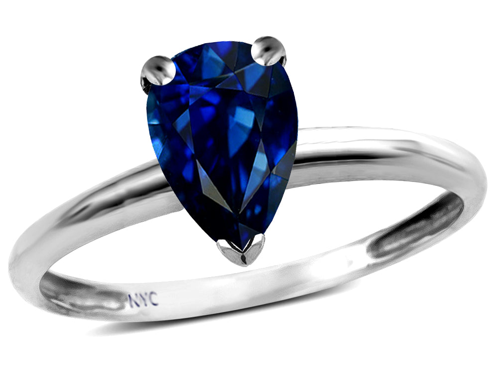 Star K  Classic Solitaire 8x6 Pear Shape Created Sapphire Engagement Promise Ring