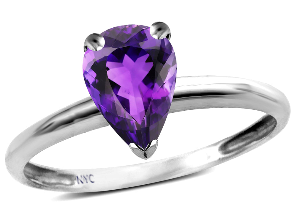 Star K  Classic Solitaire 8x6 Pear Shape Genuine Amethyst Engagement Promise Ring