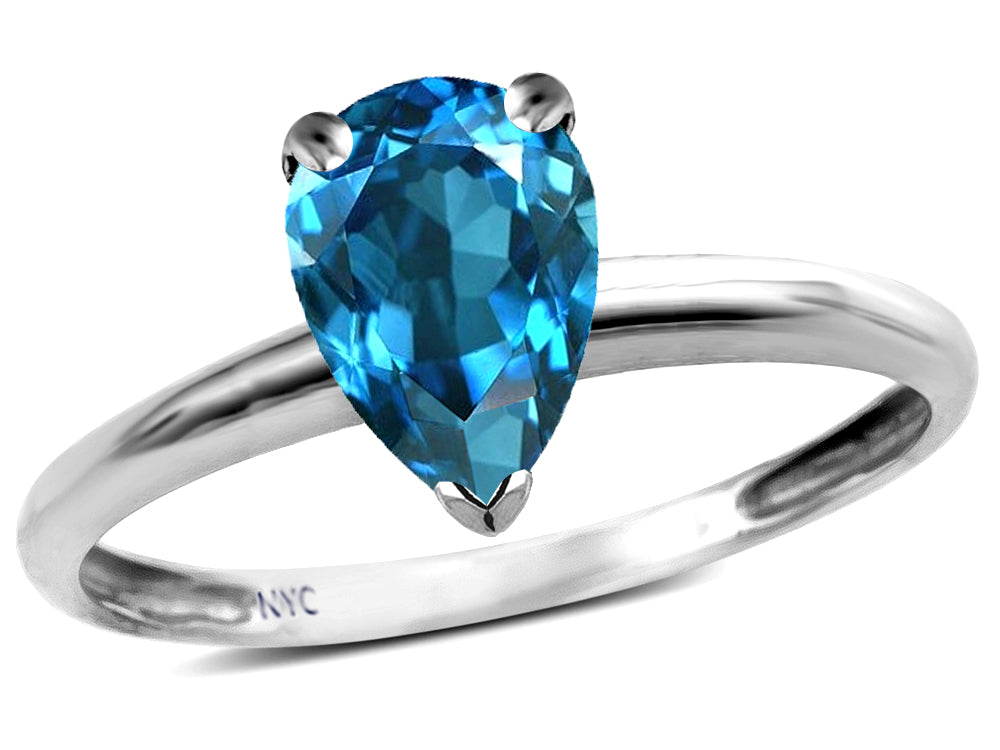 Star K  Classic Solitaire 8x6 Pear Shape Genuine Blue Topaz Engagement Promise Ring