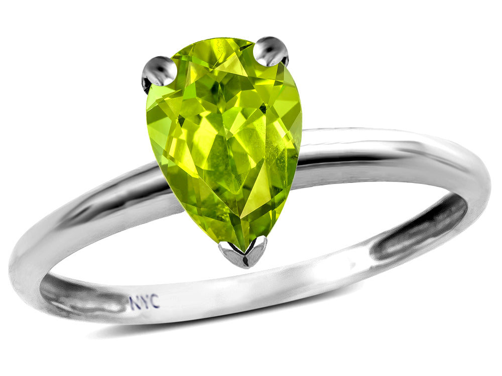 Star K  Classic Solitaire 8x6 Pear Shape Genuine Peridot Engagement Promise Ring