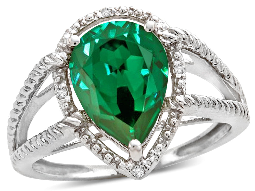 Star K  Pear Shape 11x8mm Simulated Emerald Halo Split Shank Big Stone Ring