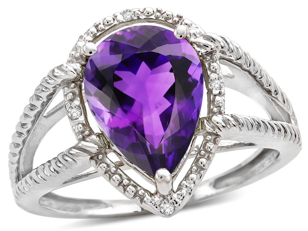 Star K  Pear Shape 11x8mm Genuine Amethyst Halo Split Shank Big Stone Ring