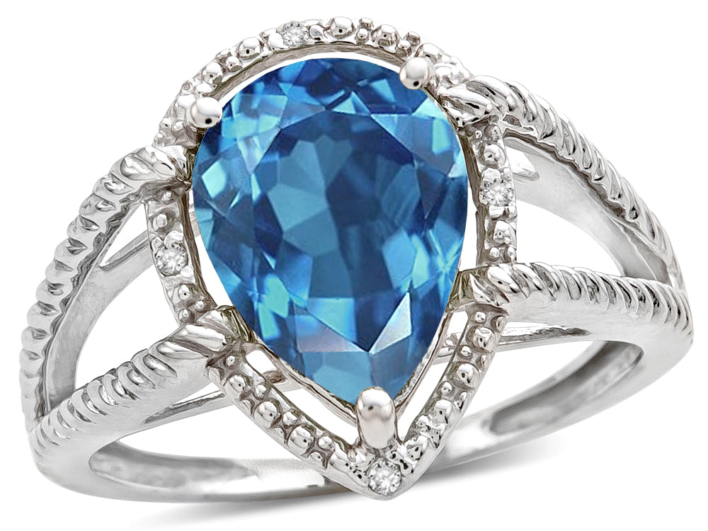 Star K  Pear Shape 11x8mm Genuine Blue Topaz Halo Split Shank Big Stone Ring