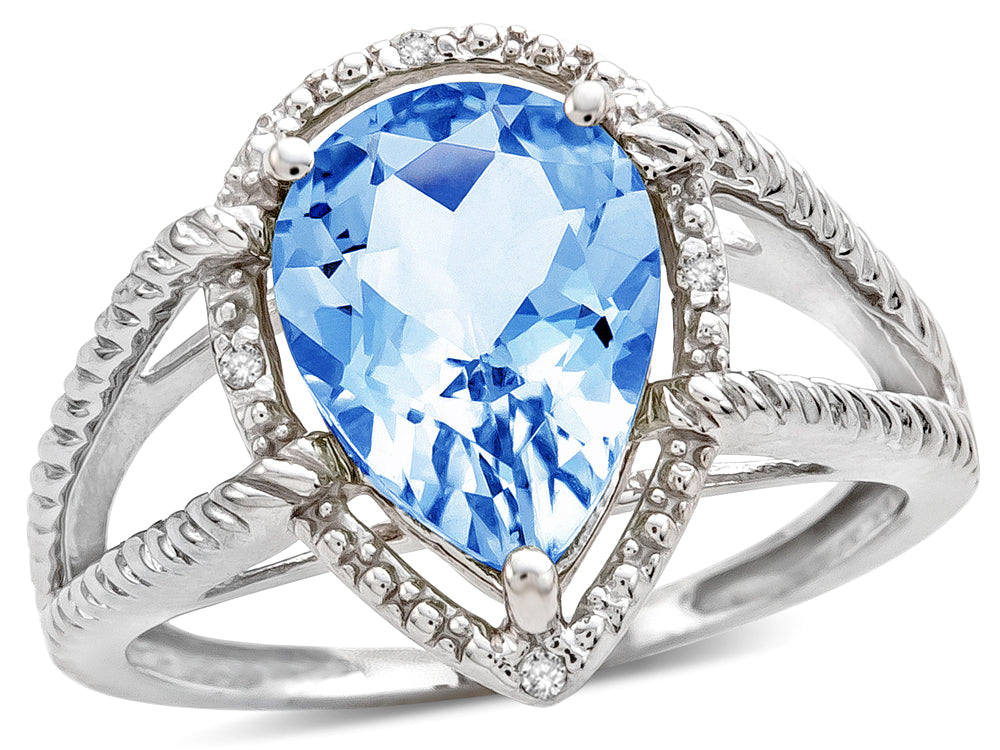 Star K  Pear Shape 11x8mm Genuine Sky Blue Topaz Halo Split Shank Big Stone Ring