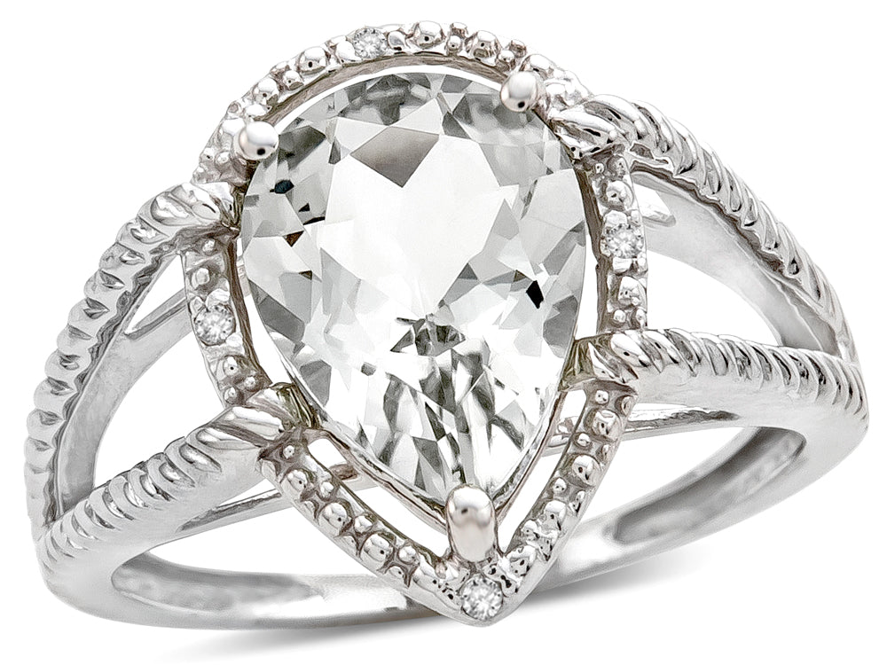 Star K  Pear Shape 11x8mm Genuine White Topaz Halo Split Shank Big Stone Ring
