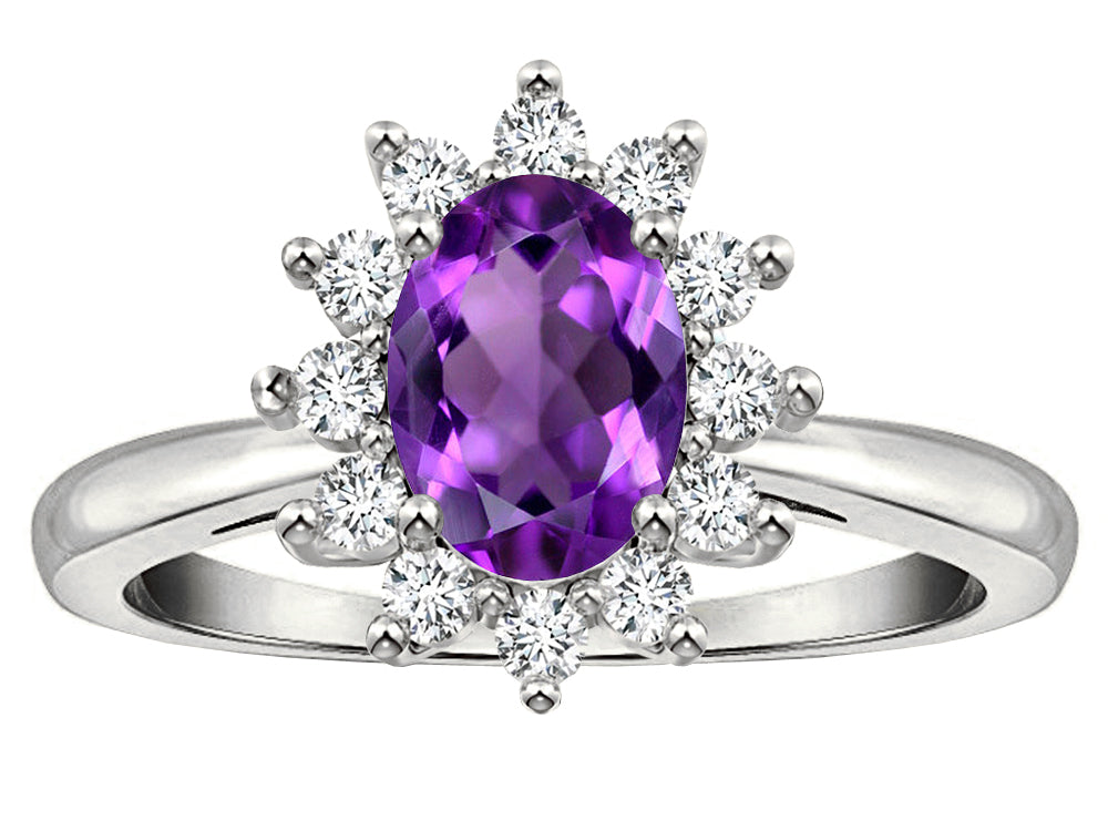 Star K  Classic Lady Diana Halo Oval 7x5 Genuine Amethyst Ring
