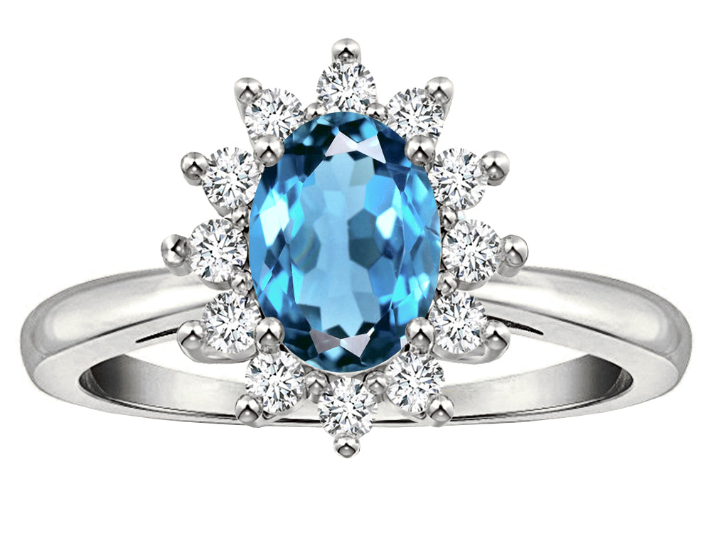Star K  Classic Lady Diana Halo Oval 7x5 Genuine Blue Topaz Ring