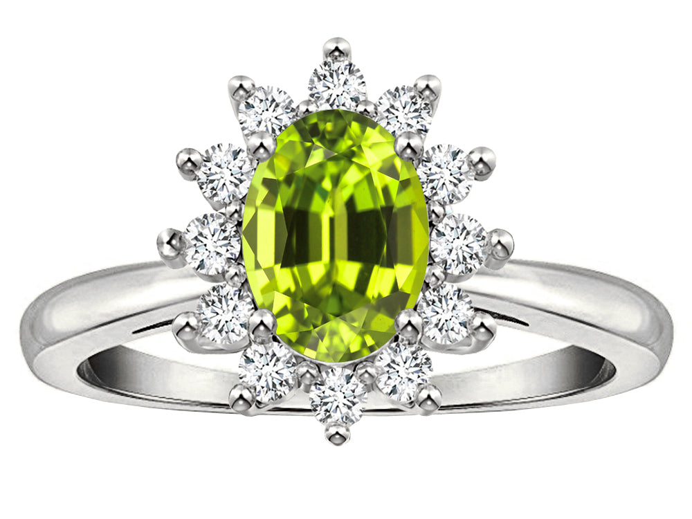 Star K  Classic Lady Diana Halo Oval 7x5 Genuine Peridot Ring