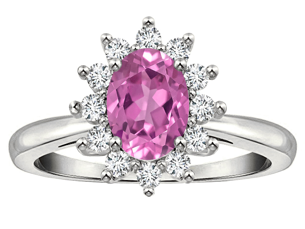 Star K  Classic Lady Diana Halo Oval 7x5 Created Pink Sapphire Ring