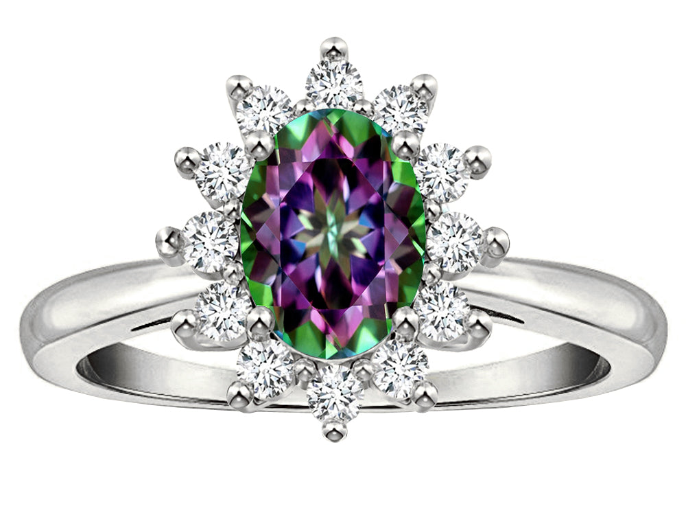 Star K  Classic Lady Diana Halo Oval 7x5 Rainbow Mystic Topaz Ring