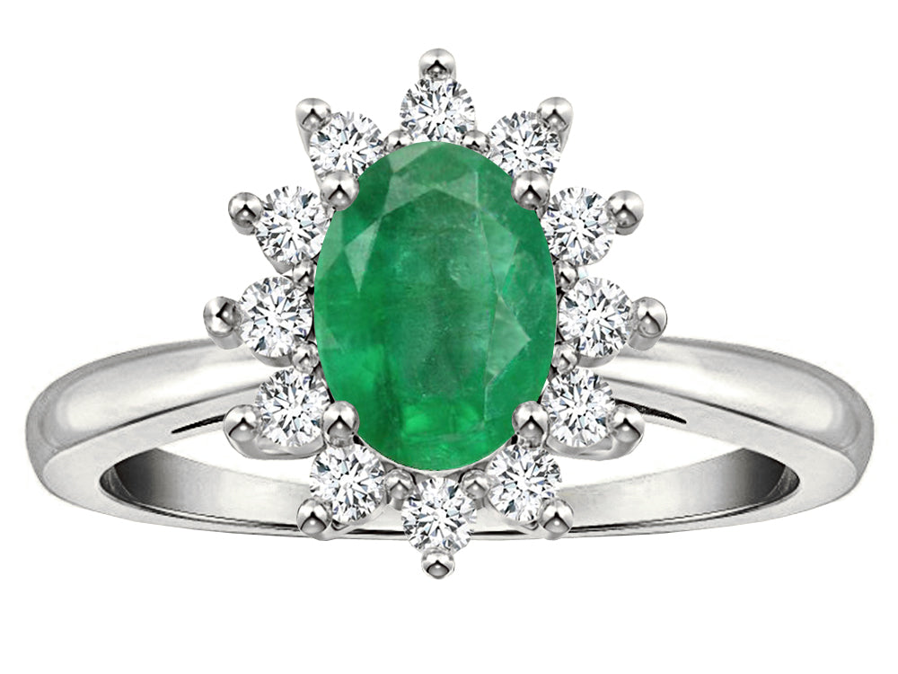 Star K  Classic Oval 7x5 Lady Diana Halo Genuine Emerald Ring
