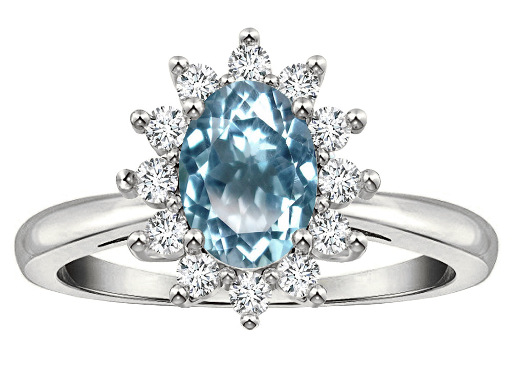 Star K  Classic Oval 7x5 Lady Diana Halo Genuine Sky Blue Topaz Ring