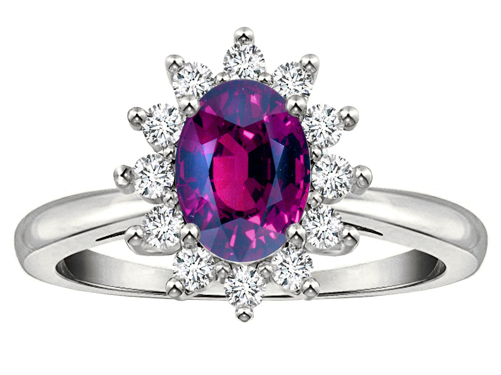 Star K  Classic Oval 7x5 Lady Diana Halo Genuine Rhodolite Ring