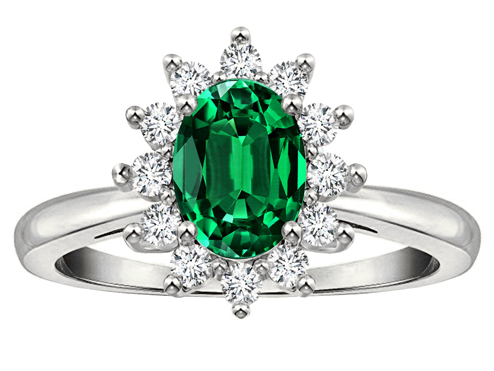 Star K  Classic Oval 7x5 Lady Diana Halo Simulated Emerald Ring