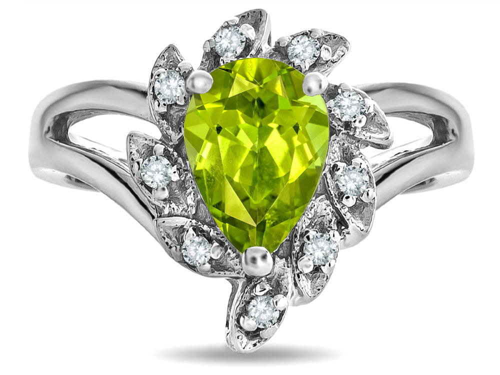 Star K  Pear Shape 8x6 Genuine Peridot Halo Split Shank Ring