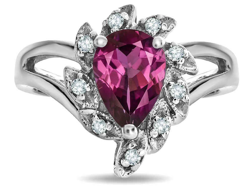 Star K  Pear Shape 8x6 Genuine Rhodolite Halo Split Shank Ring
