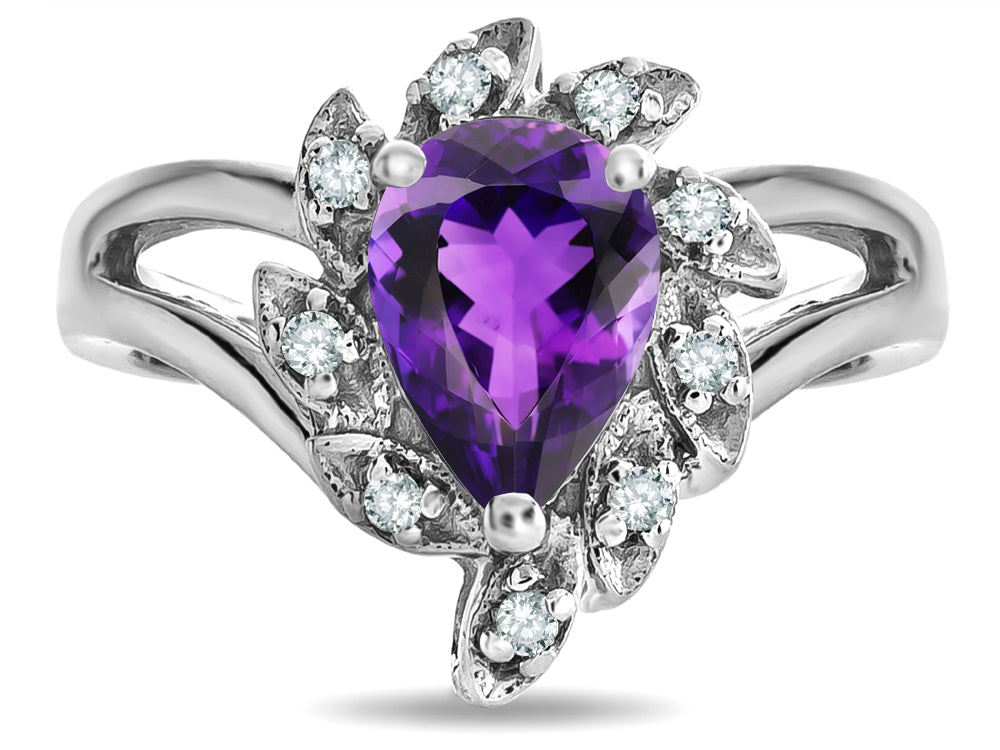 Star K  Genuine Amethyst Pear Shape 8x6 Halo Split Shank Ring