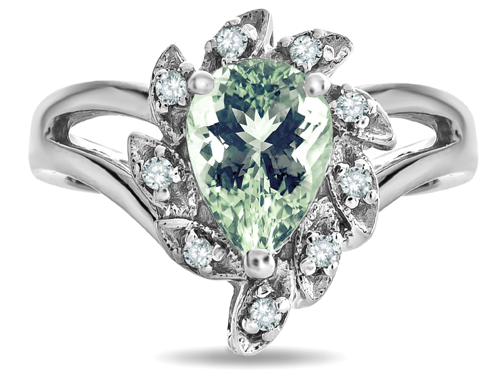 Star K  Green Amethyst Pear Shape 8x6 Halo Split Shank Ring