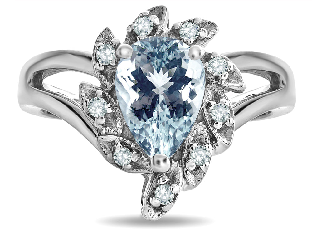 Star K  Genuine Aquamarine Pear Shape 8x6 Halo Split Shank Ring