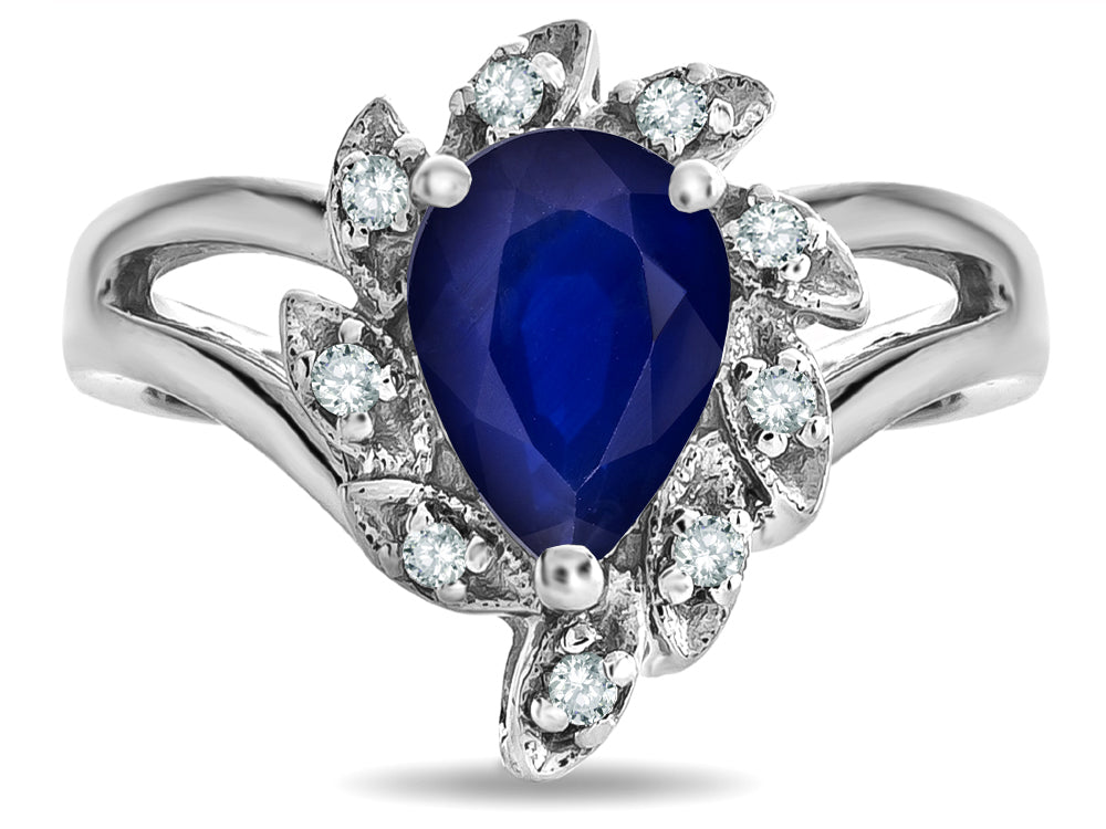 Star K  Genuine Sapphire Pear Shape 8x6 Halo Split Shank Ring