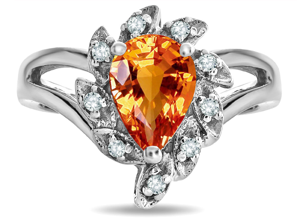 Star K  Genuine Orange Sapphire Pear Shape 8x6 Halo Split Shank Ring