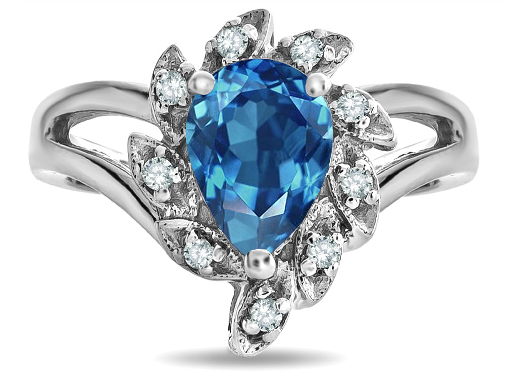Star K  Genuine Blue Topaz Pear Shape 8x6 Halo Split Shank Ring