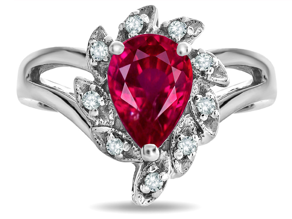 Star K  Created Ruby Pear Shape 8x6 Halo Split Shank Ring