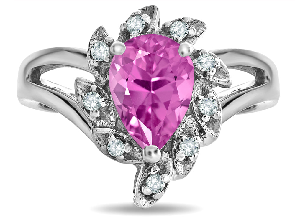 Star K  Created Pink Sapphire Pear Shape 8x6 Halo Split Shank Ring