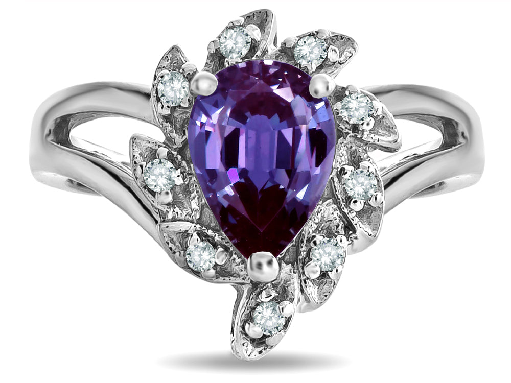 Star K  Simulated Alexandrite Pear Shape 8x6 Halo Split Shank Ring