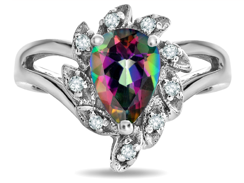 Star K  Rainbow Mystic Topaz Pear Shape 8x6 Halo Split Shank Ring