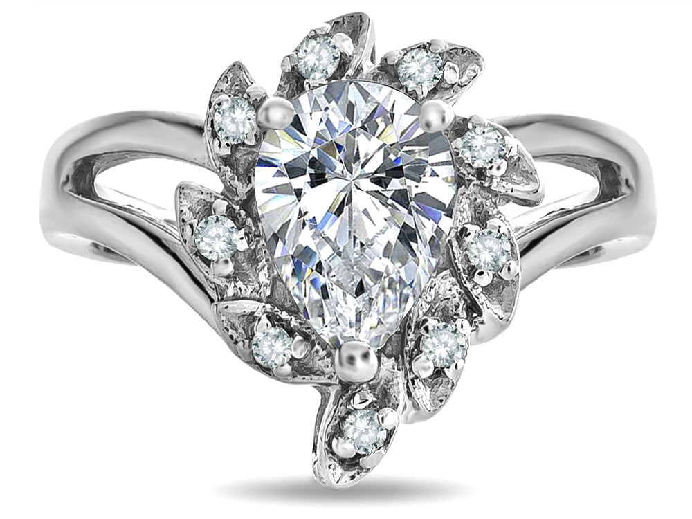 Star K  Genuine White Topaz Pear Shape 8x6 Halo Split Shank Ring