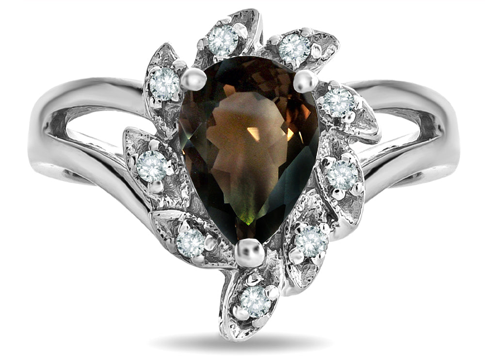 Star K  Genuine Smoky Quartz Pear Shape 8x6 Halo Split Shank Ring