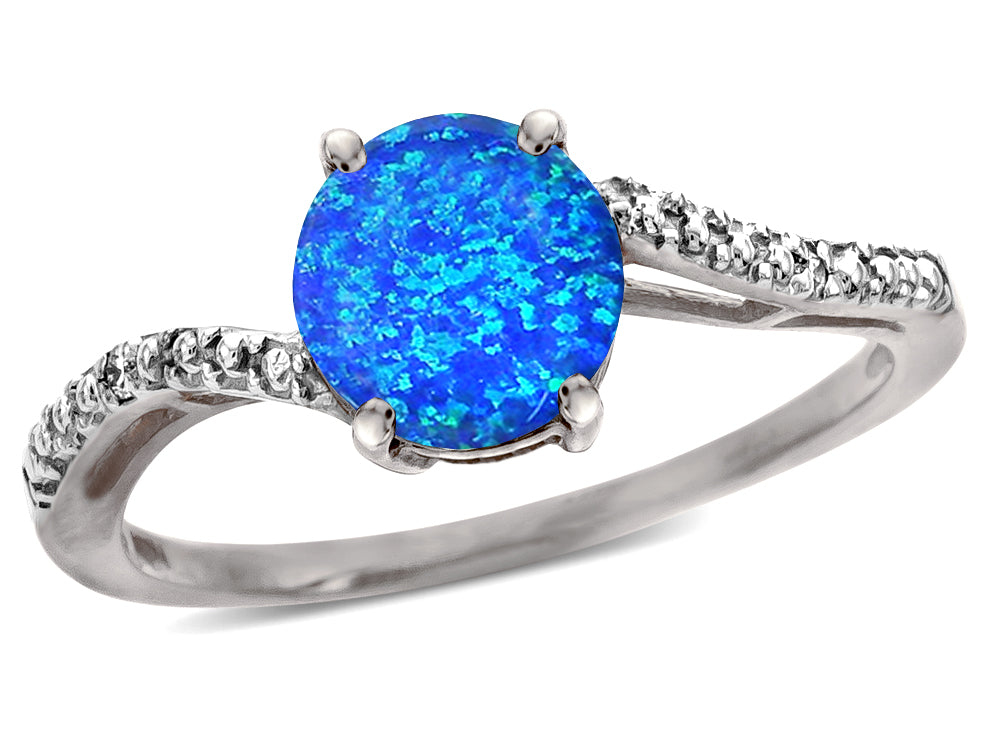 Star K  Round 7mm Blue Created Opal Bypass solitaire engagement promise ring