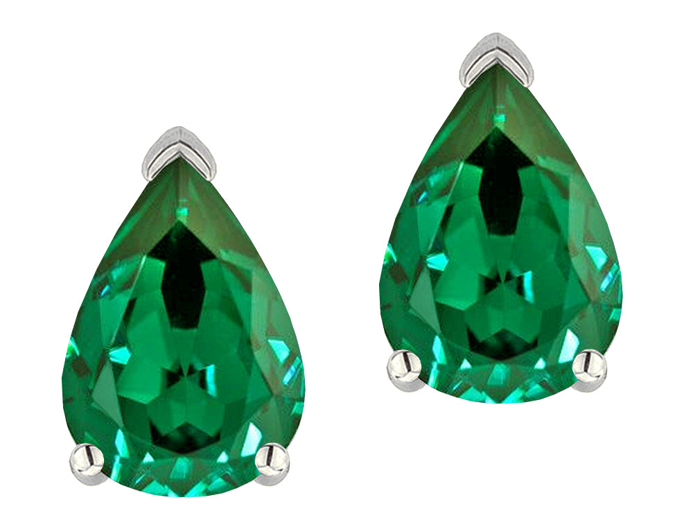 Star K  8x6mm Pear Shape Simulated Emerald Classic Solitaire Drop Earring Studs
